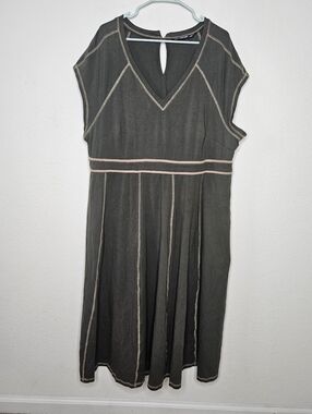 eShakti Athleisure Olive Green V-Neck Stitch Trim Short Sleeve Midi Dress 3X 24W